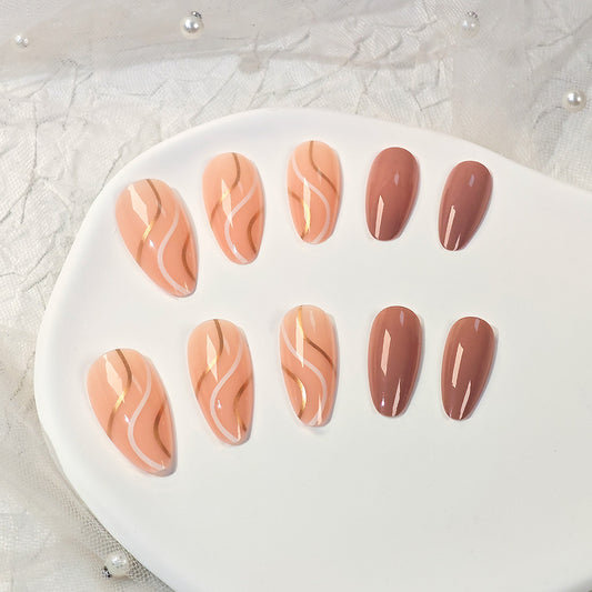 Dreamy Desert Hues Long Almond Shaped Peach and Brown Press On Nail Set with Gold Swirl Accent Design