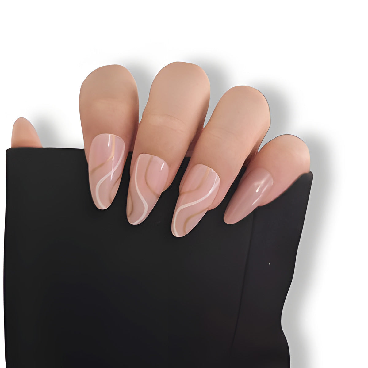 Elegant Sunset Almond Shape Long Pink and Beige Swirl Press On Nail Set