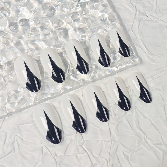 Midnight Elegance Long Almond Press On Nail Set White and Black with Unique Geometric Design