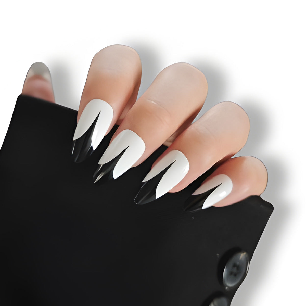 Gothic Elegance Long Almond Press On Nail Set Black and White Color with Sharp Edge Design