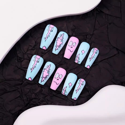 Spooky Chic Long Coffin Press On Nail Set in Pink and Blue with Unique Skull and Bandage Design