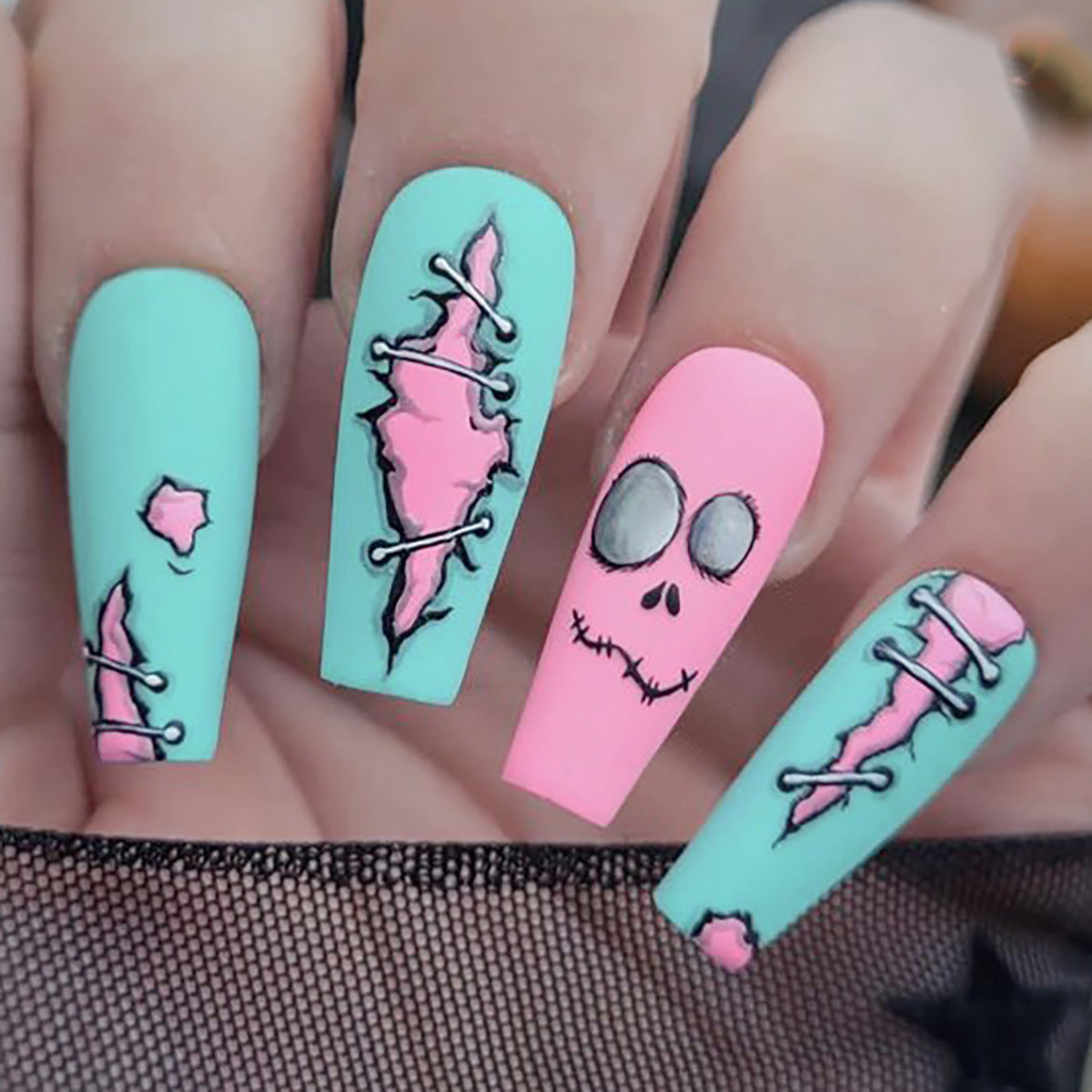 Spooky Chic Long Coffin Mint Green and Pink Press On Nail Set with Stitching Design