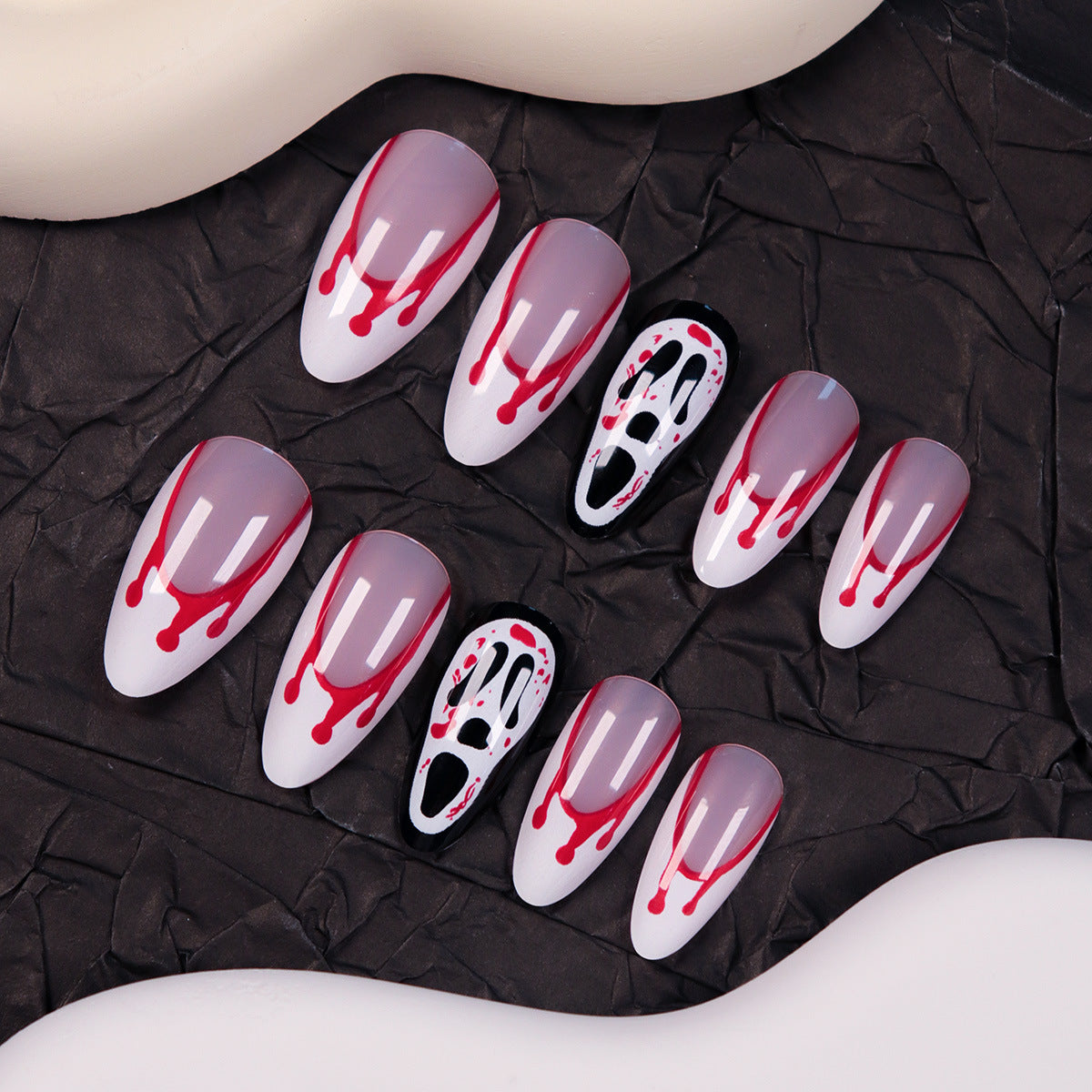 Halloween Horror Long Almond Shape Glossy Pink And White Nails With Blood Drip Design