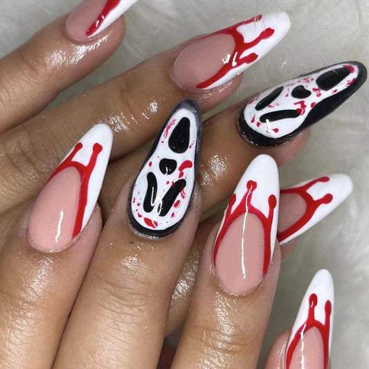 Hauntingly Chic Long Almond Red And White Dripping Blood Halloween Press On Nail Set