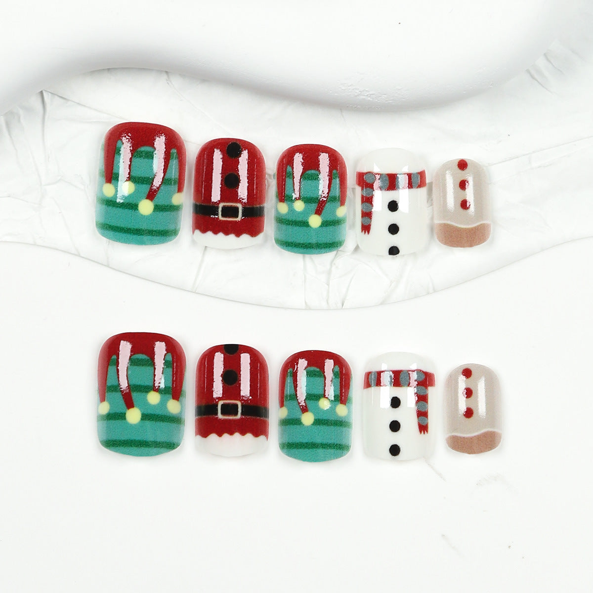 Festive Winter Wonderland Short Squoval Red and Green with Holiday Character Designs Press On Nail Set