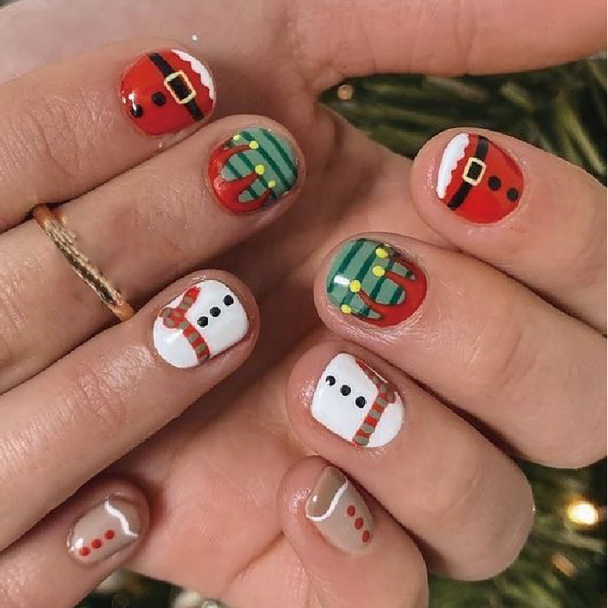 Festive Holiday Bliss Short Round Red and Green Press on Nail Set with Charming Santa and Snowman Designs