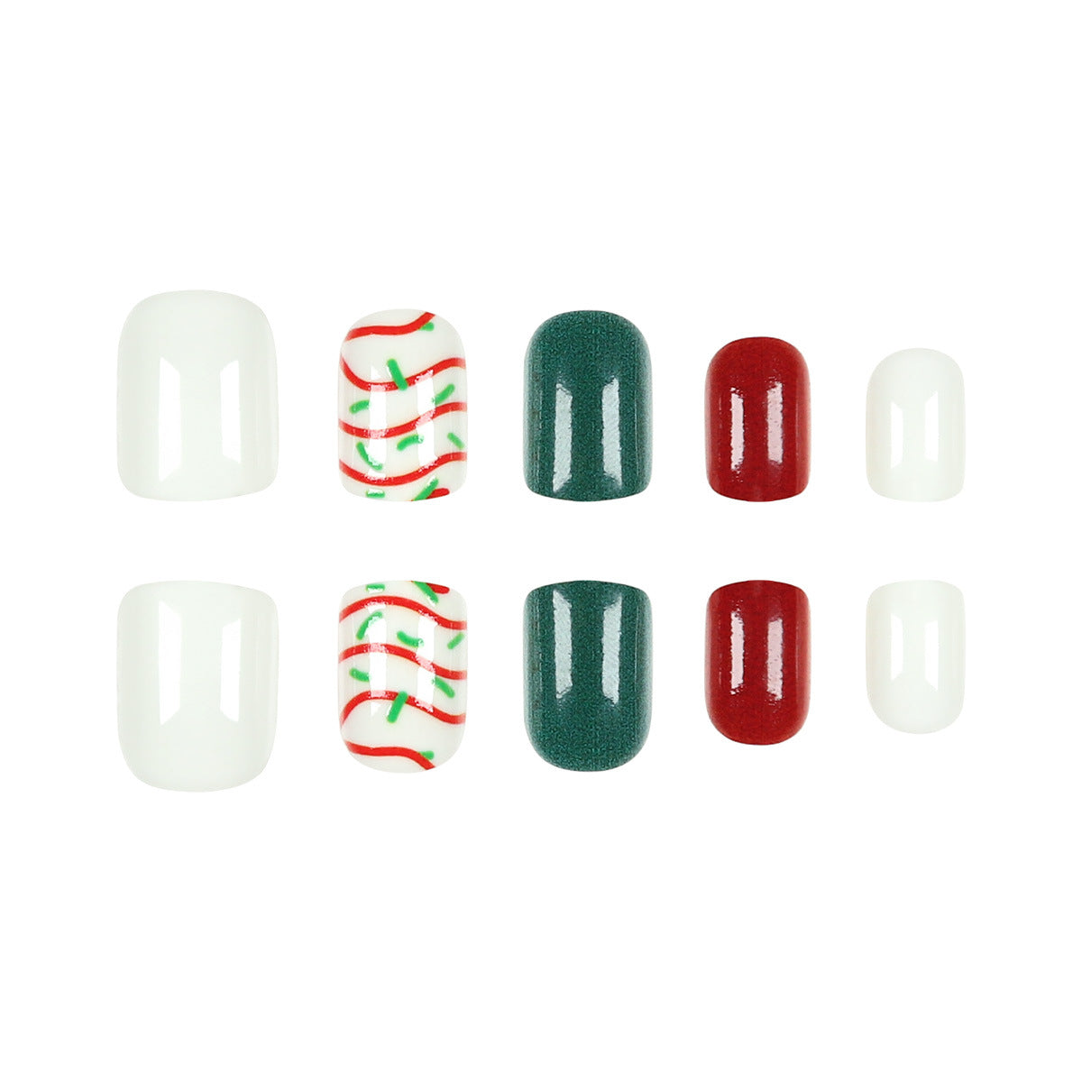 Festive Elegance Short Square Glossy Green and Red Nail Set with Unique Holiday Twirl Design