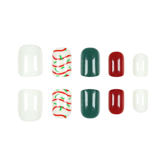 Festive Elegance Short Square Glossy Green and Red Nail Set with Unique Holiday Twirl Design