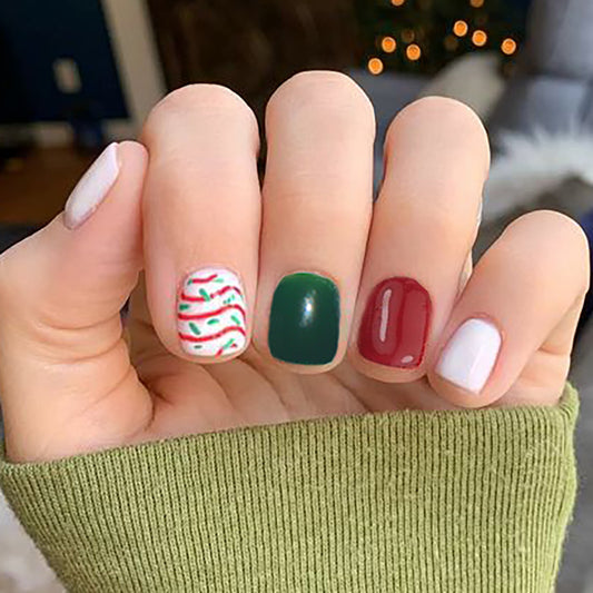 Festive Glamour Short Square Red Green White Press on Nail Set with Holiday Themed Designs