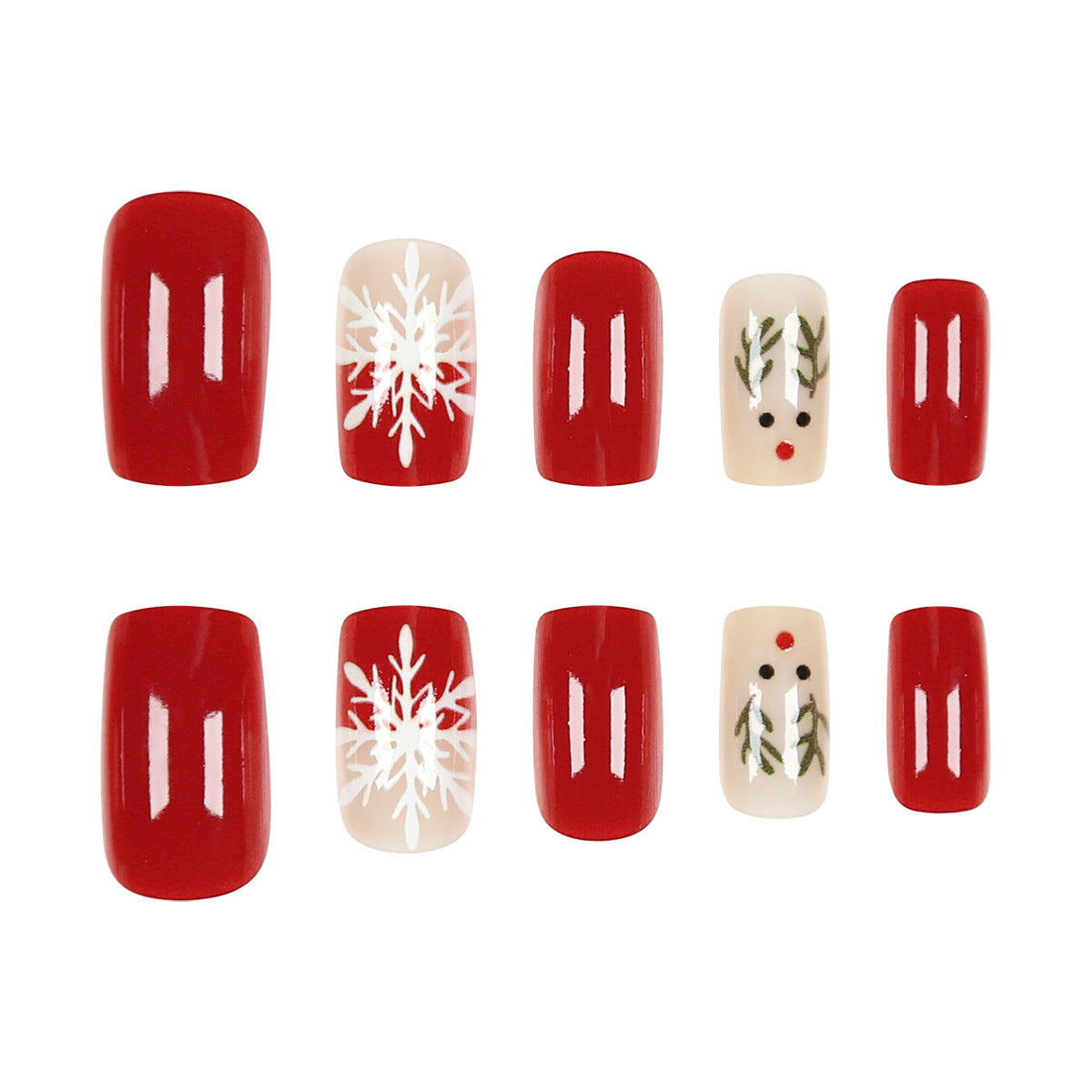 Festive Winter Wonderland Medium Square Red and Cream Nail Set with Snowflake and Holly Designs
