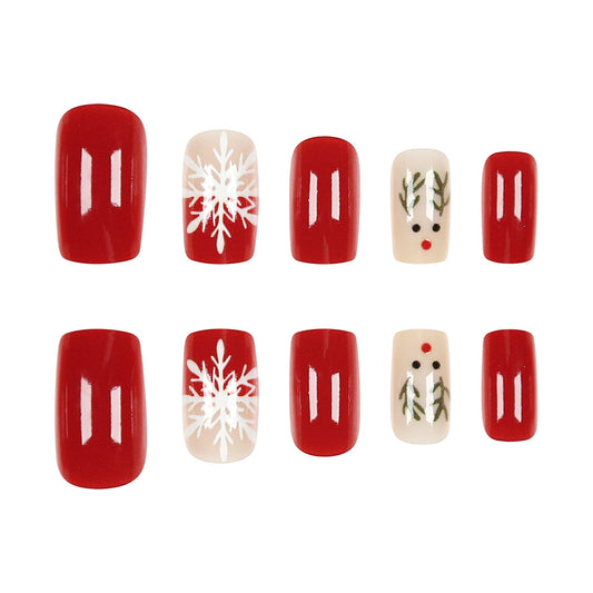 Festive Winter Wonderland Medium Square Red and Cream Nail Set with Snowflake and Holly Designs