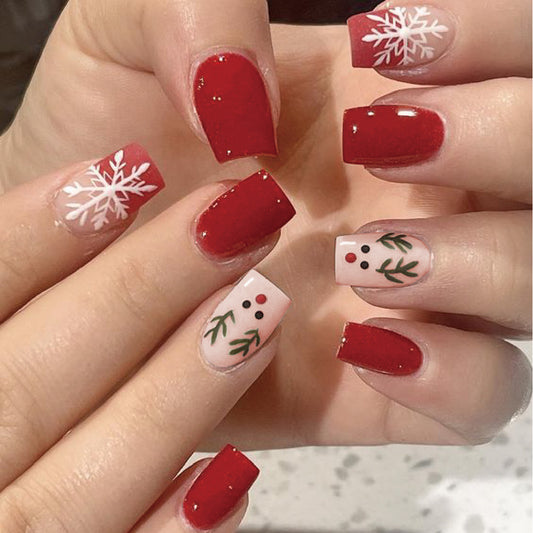 Winter Wonderland Short Square Red and White Press-On Nail Set with Festive Snowflakes and Holly Design