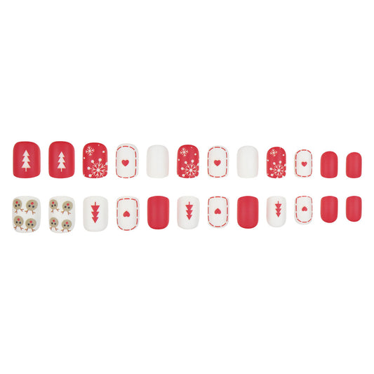 Festive Winter Wonderland Bold Short Square Red and White Nail Set with Unique Holiday-themed Designs