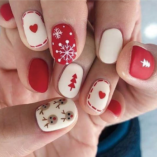 Festive Winter Wonderland Short Round Red and Cream Press on Nail Set with Christmas Themed Designs