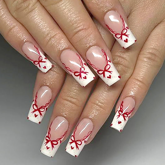 Charming Elegance Long Square Pink and White Press On Nails with Red Bow Accents