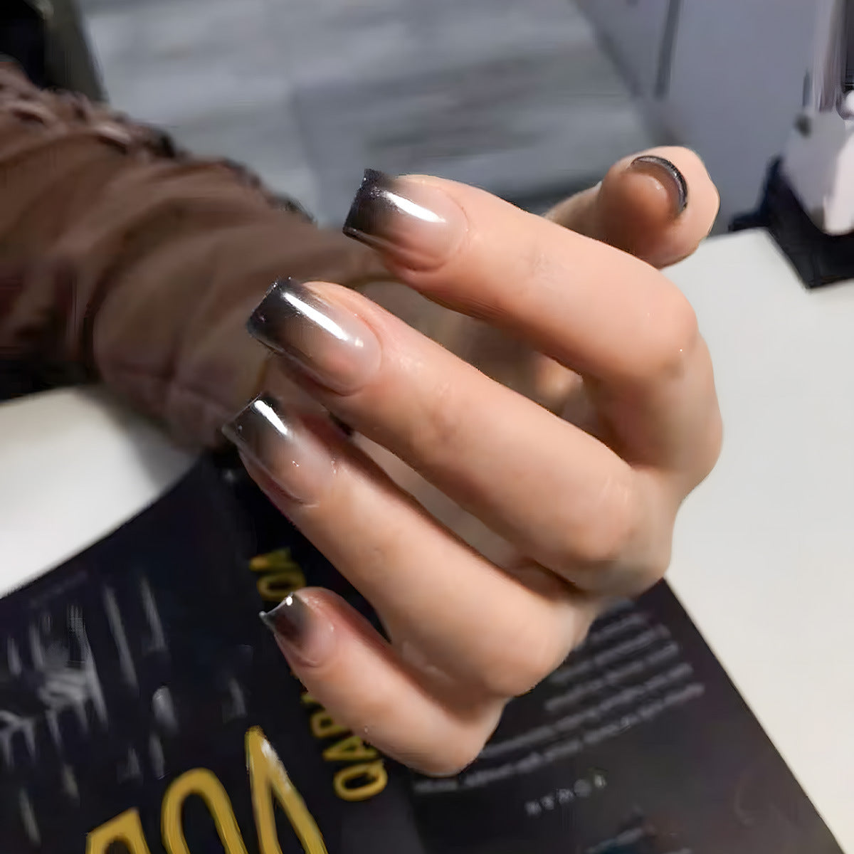 Glamorous Elegance Short Square Gray Ombre Press On Nail Set for Stunning Manicures