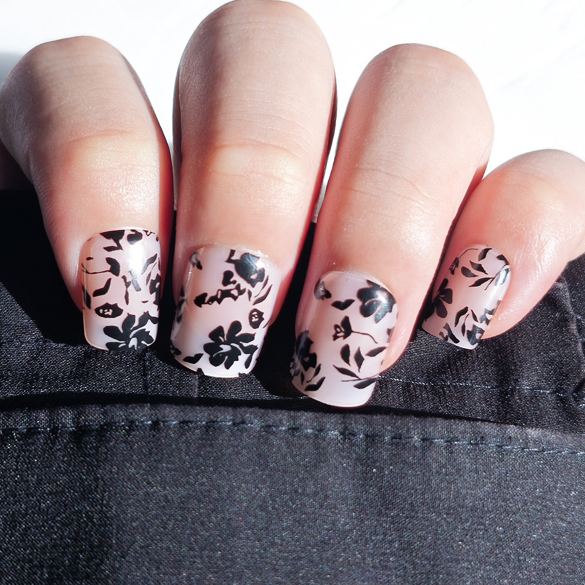 Blooming Elegance Short Square Press-On Nails in Soft Pink with Intricate Floral Design