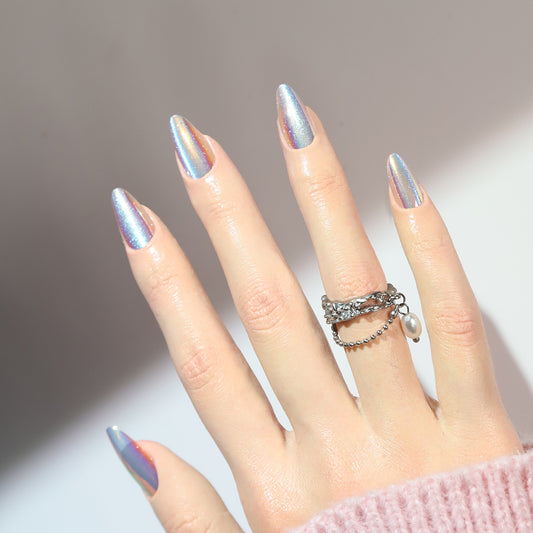 Celestial Dream Medium Almond-Shaped Holographic Silver Press-On Nail Set with Radiant Shine