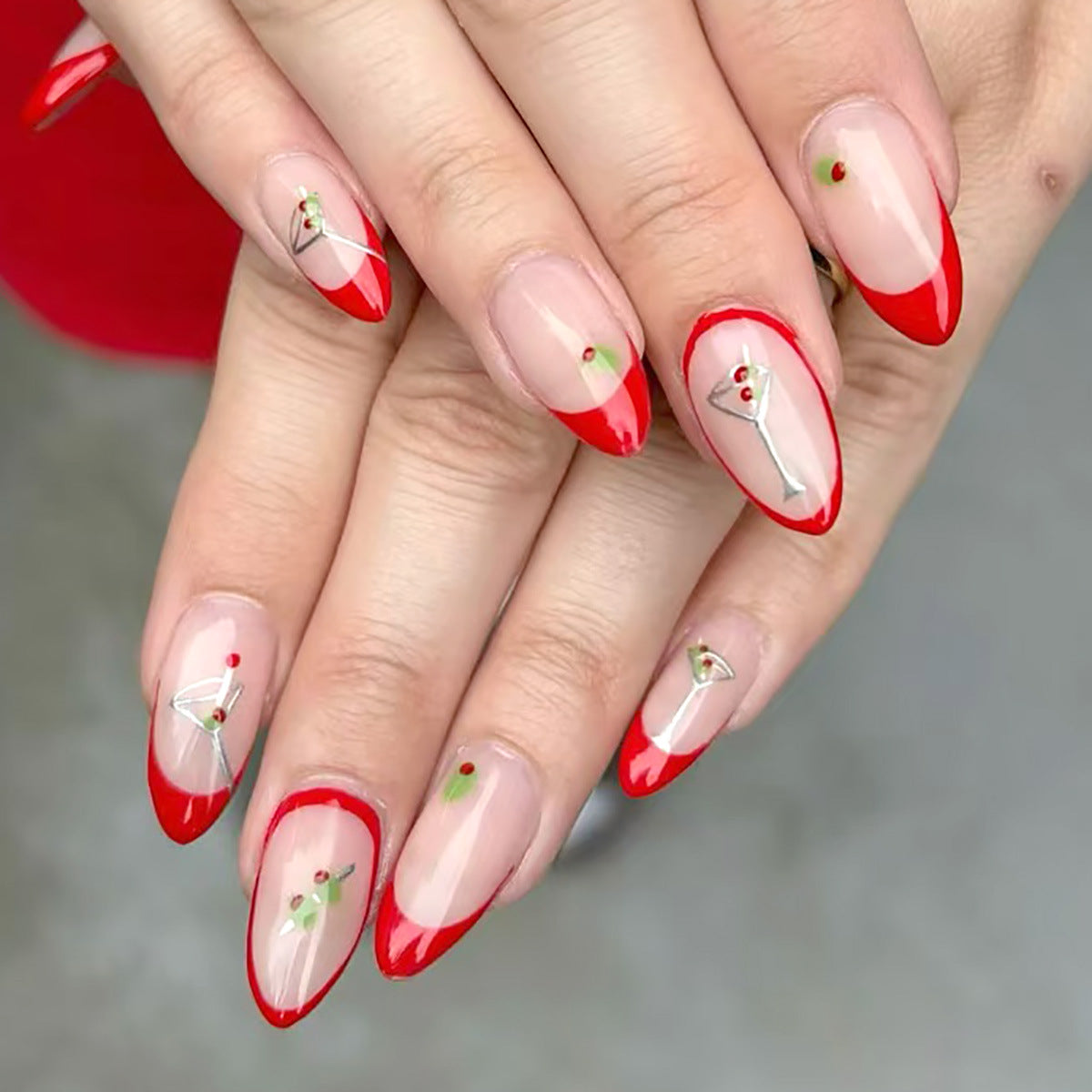 Festive Glamour Short Almond Red French Tip with Cocktail Themed Nail Art