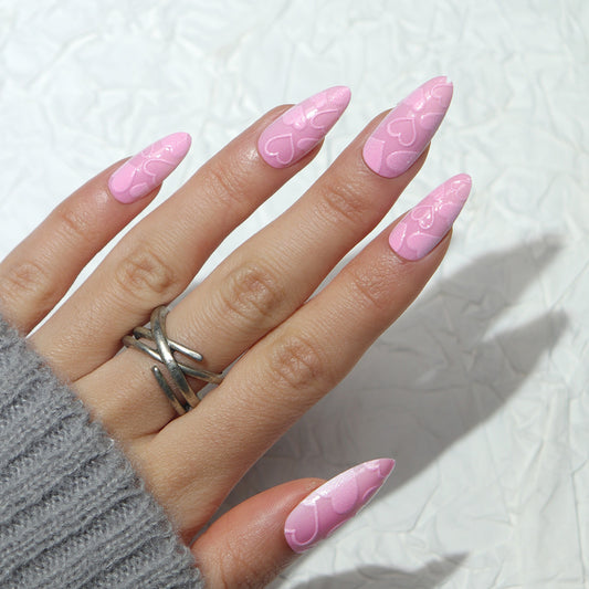 Romantic Dreamscape Medium Almond Pink Press On Nail Set with Heart Design