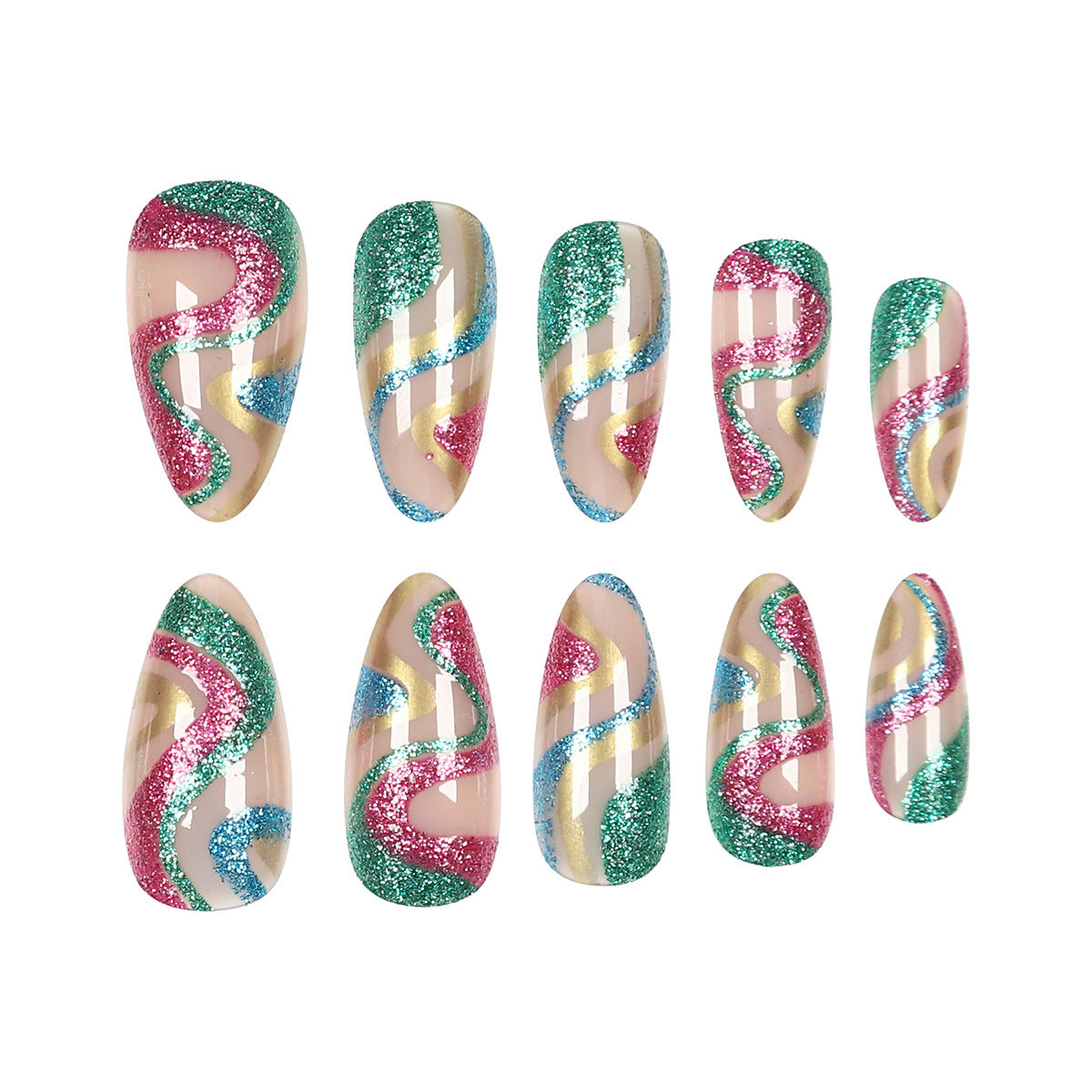 Sparkling Garden Inspired Medium Almond Shape Pink Green and Blue Glittery Swirl Press On Nail Set