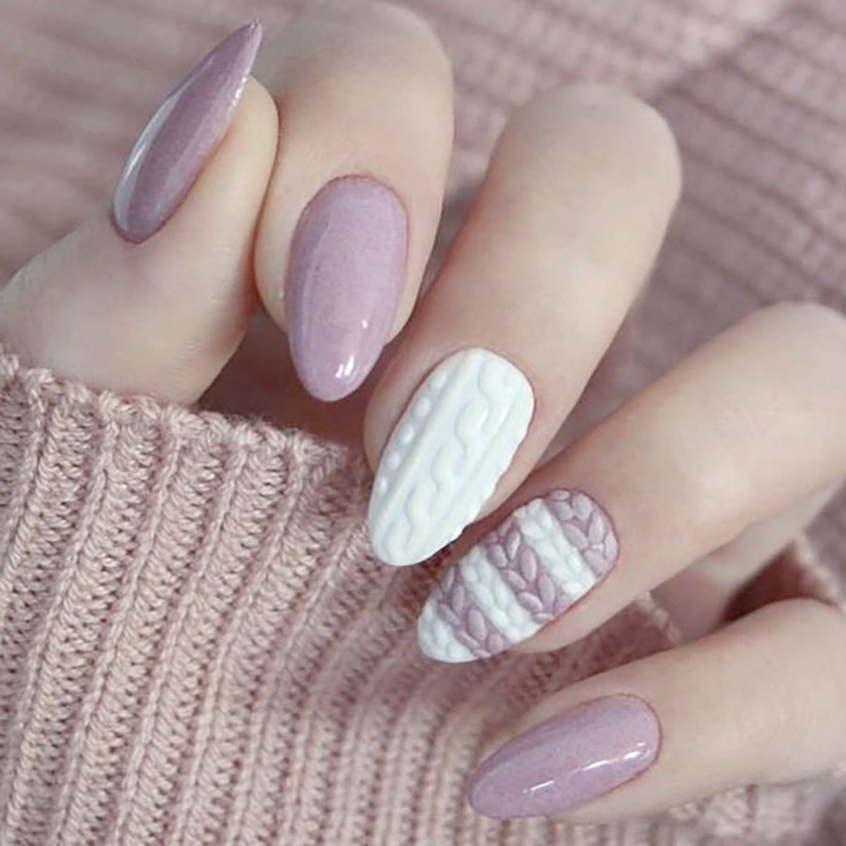 Cozy Knit Vibes Short Almond Shaped Soft Pink and White Textured Press On Nail Set