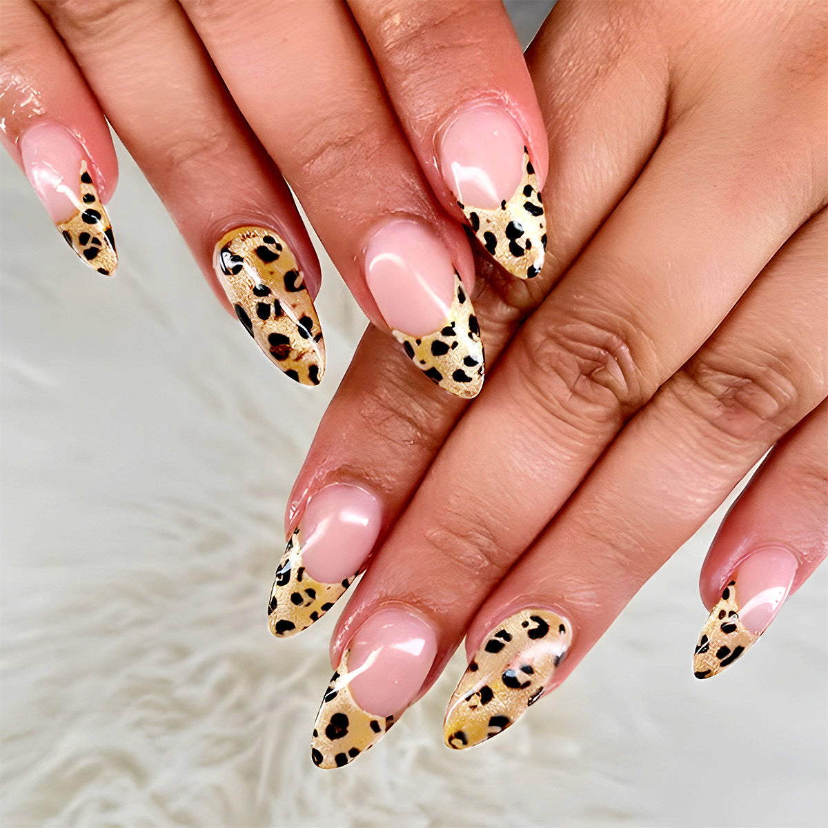 Savannah Glamour Medium Almond Pointed Pink and Leopard Print Press On Nail Set with Glossy Finish