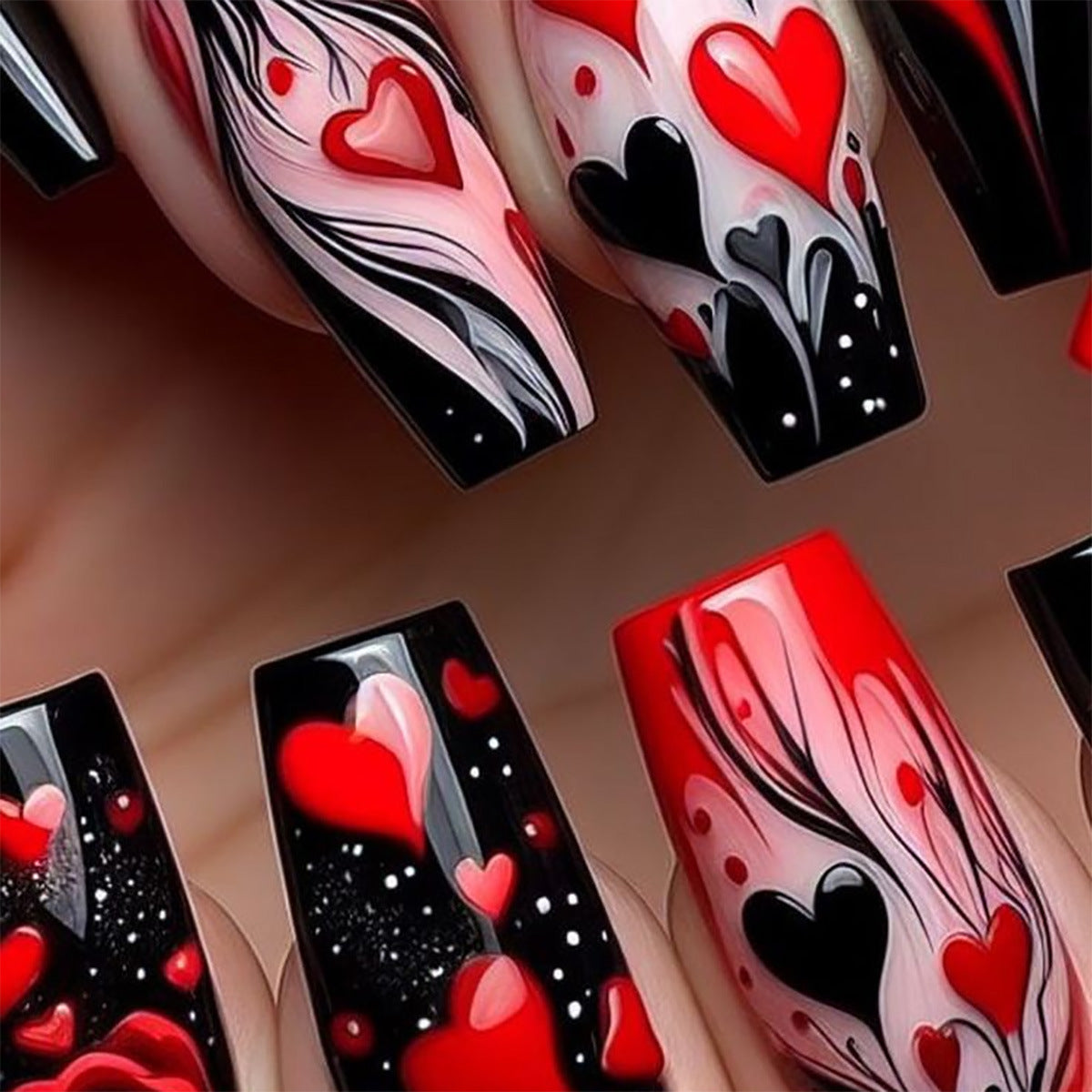Romantic Chic Long Square Red and Black Nail Set with Heart Swirl Design