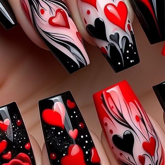 Romantic Chic Long Square Red and Black Nail Set with Heart Swirl Design
