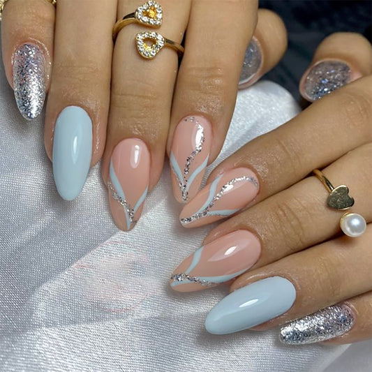 Glamorous Elegance Medium Almond Blue and Beige with Glittering Accent Design Press-On Nails Set