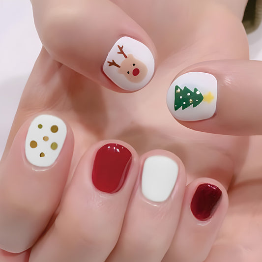 Festive Charm Short Squoval Short Red White and Green Holiday-Themed Press-On Nail Set with Fun Christmas Designs