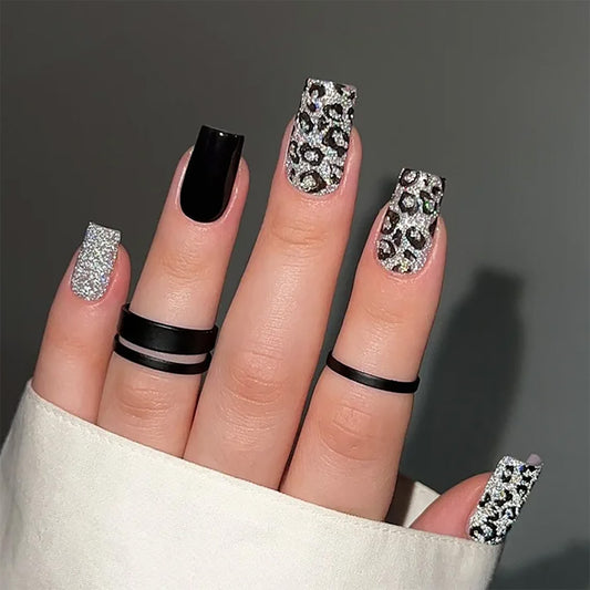 Glamorous Safari Inspired Medium Square Shaped Extra Long Shimmering Silver and Bold Black Press on Nail Set with Dazzling Leopard Print Design