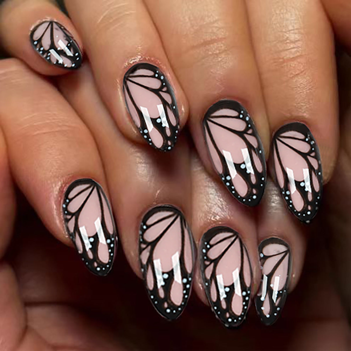 Bohemian Elegance Medium Almond Pink and Black Artistic Design Press On Nail Set