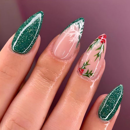 Charming Winter Wonderland Long Stiletto Green Glitter and Clear Press On Nail Set with Delicate Floral Designs