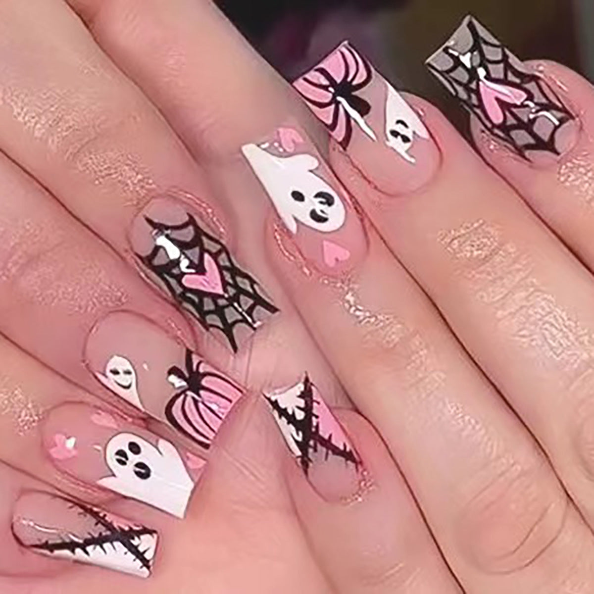Hauntingly Chic Medium Square Pink Press on Nail Set with Whimsical Ghost and Spider Web Design