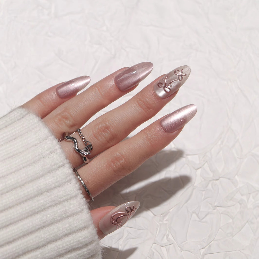 Whimsical Floral Fantasy Long Almond Shaped Soft Pink with Elegant Embellishments Press On Nail Set