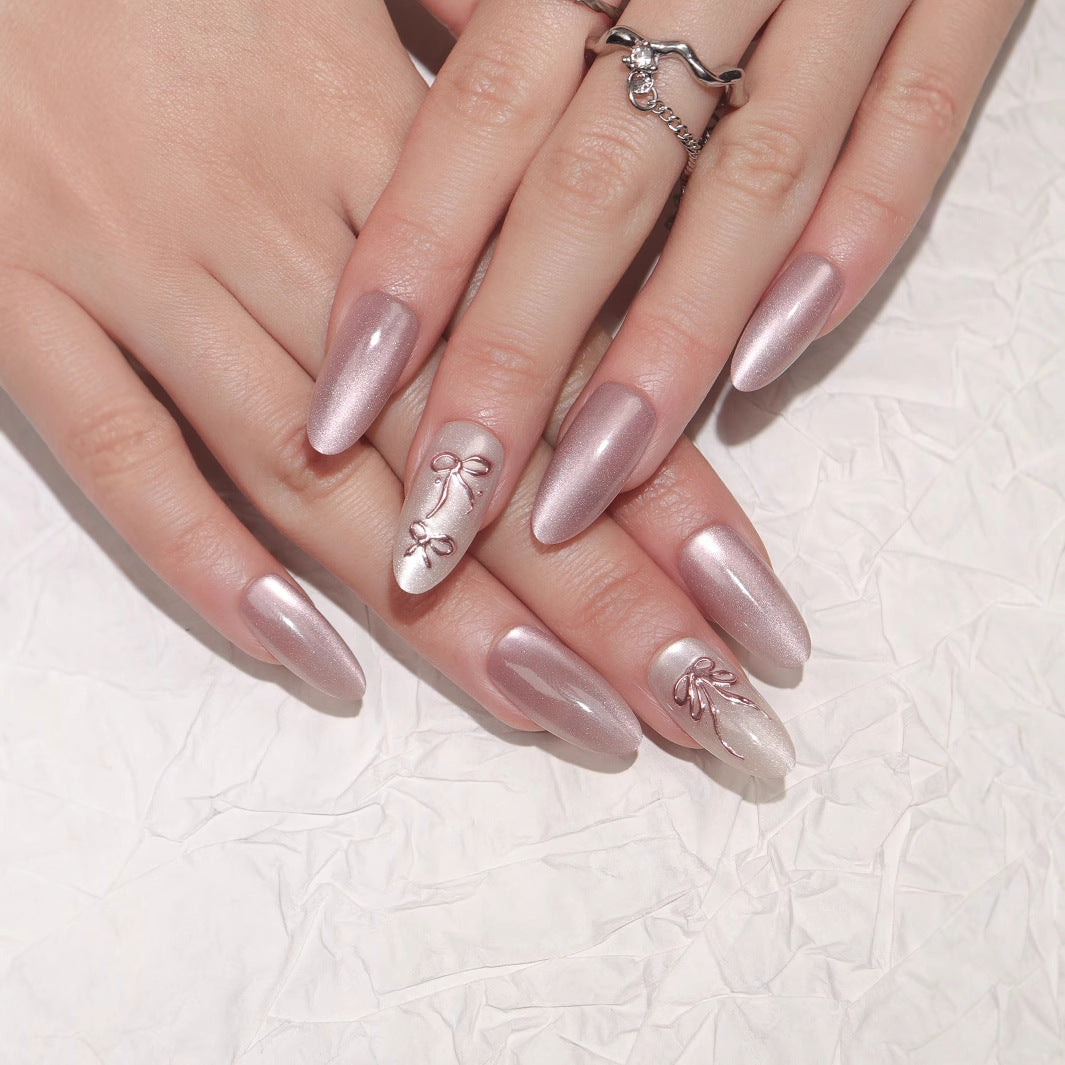 Romantic Elegance Long Almond Rose Gold Press On Nail Set with Charming Bow Accents