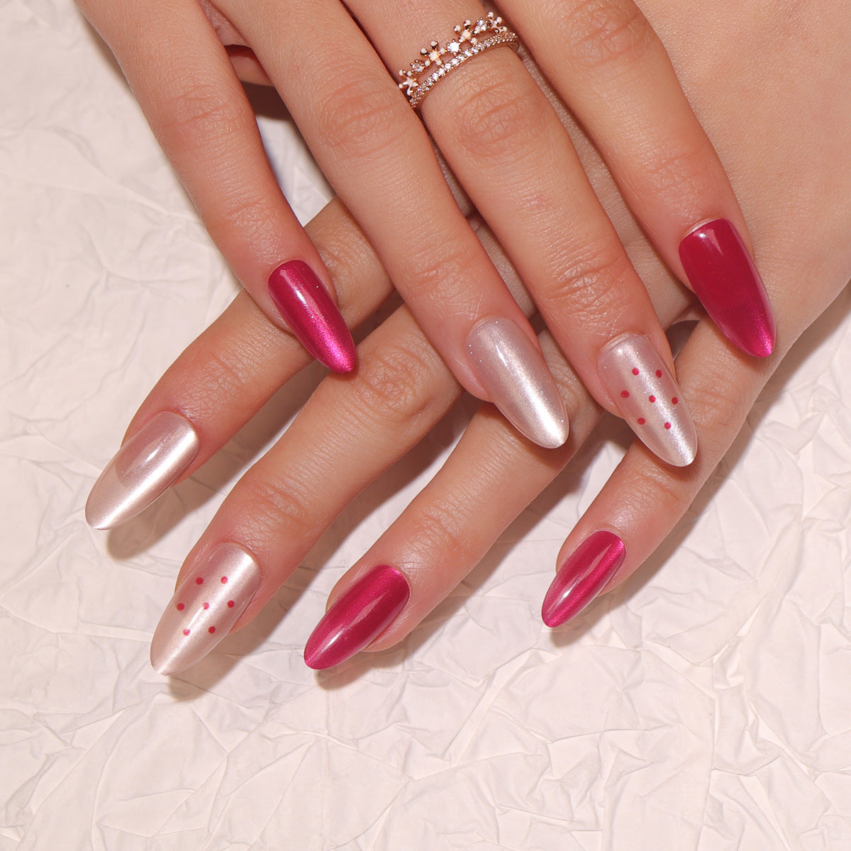 Glamourous Elegance Long Almond Shaped Stunning Metallic Pink and Shimmery Silver Nail Set with Unique Dotted Accent