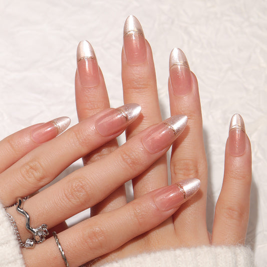 Glamorous Elegance Long Almond Shaped Clear and White Gradient Nails with Sparkling Accent Features