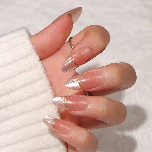 Glamorous Elegance Long Almond Shaped Clear and Silver Ombre Press On Nail Set with Gold Detailing