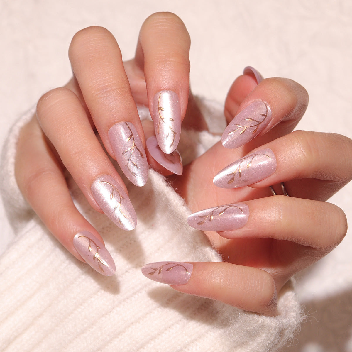 Whimsical Garden Long Almond Pink With Elegant Gold Leaf Accents Press On Nail Set