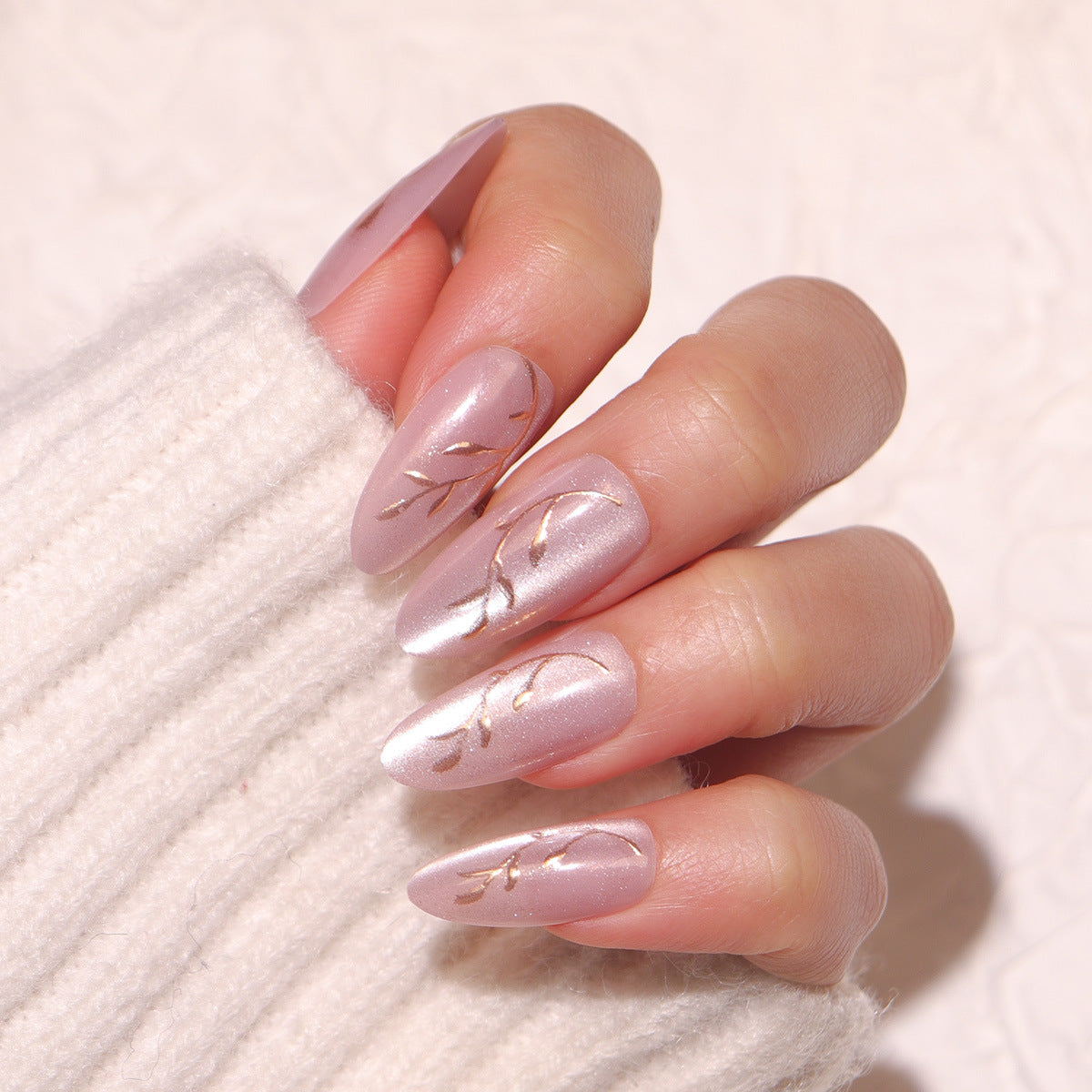 Dreamy Blossom Elegant Long Almond Pink Press-On Nails with Shimmering Gold Leaf Accents