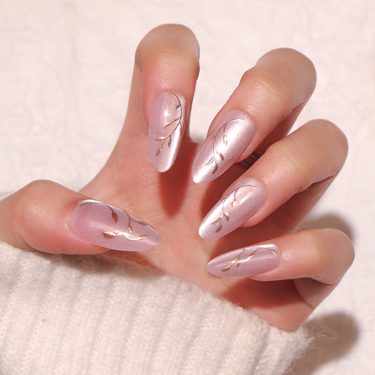 Botanical Charm Long Almond Pink Press on Nail Set with Elegant Gold Leaf Design