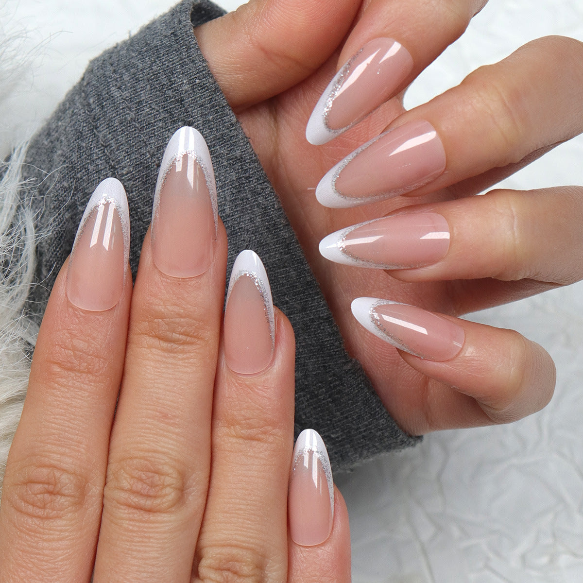 Elegant Glow Medium Almond Length Glossy Beige with White Tip and Silver Sparkle Press-On Nail Set