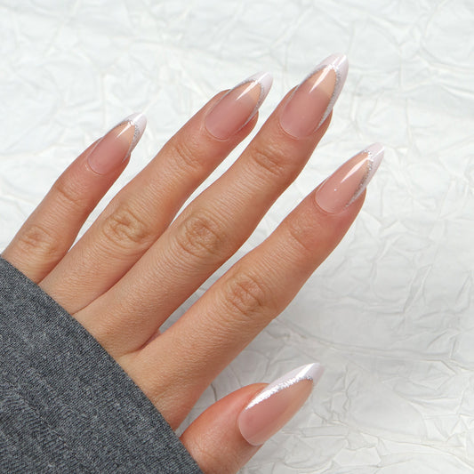 Glamorous Elegance Medium Almond Shape Beige with Shimmering Silver Tip Press On Nail Set