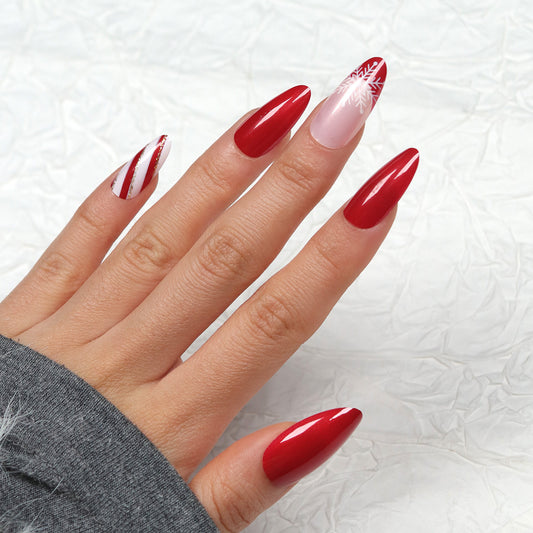 Winter Wonderland Glamour Long Almond Red and Pink Nail Set with Snowflake Accent