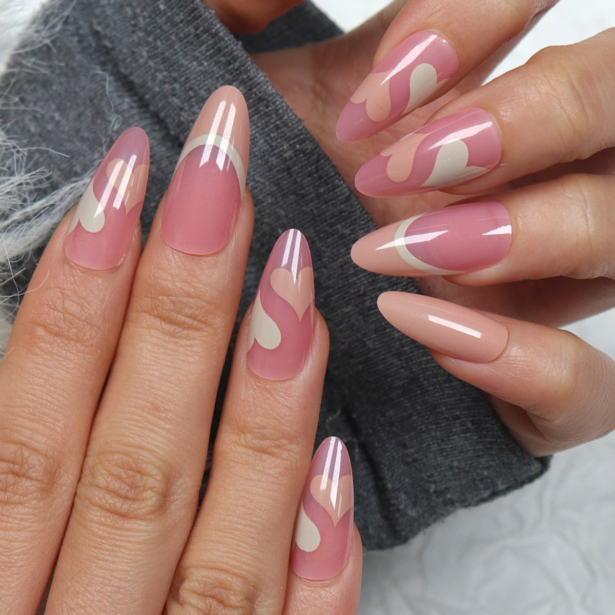 Whimsical Dreams Long Almond Shaped Pink Nails with Heartfelt Swirl Design