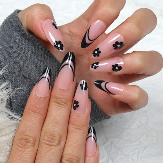 Floral Elegance Long Almond Pink and Black Nail Press Set with Intricate Flower Designs and Stylish Curved Lines