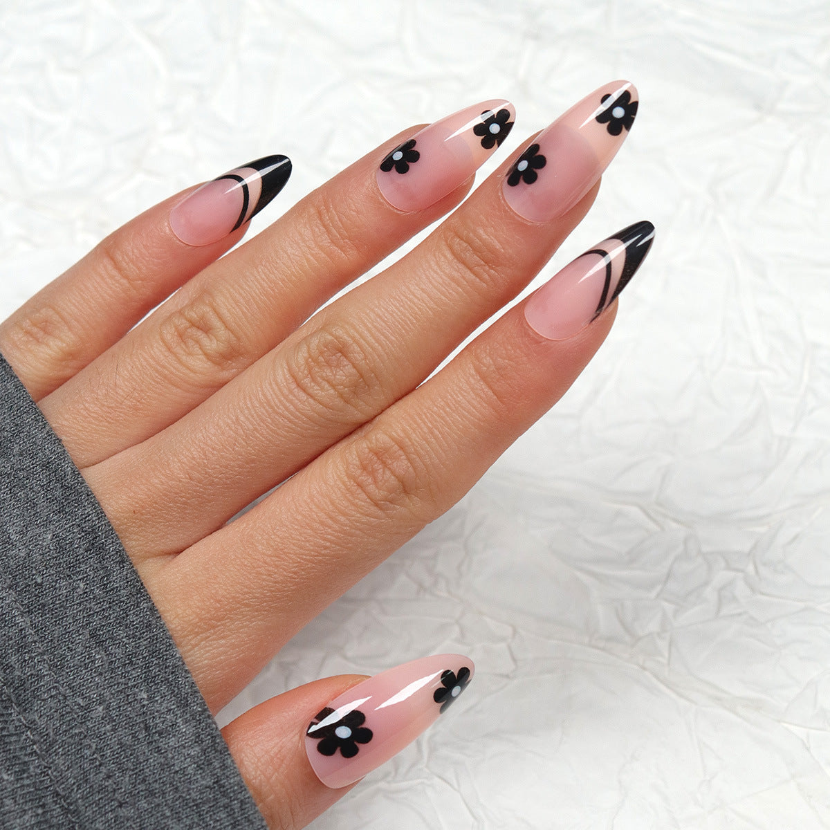 Chic Floral Enchantment Long Almond Pink Black Nail Set with Elegant Floral Accents