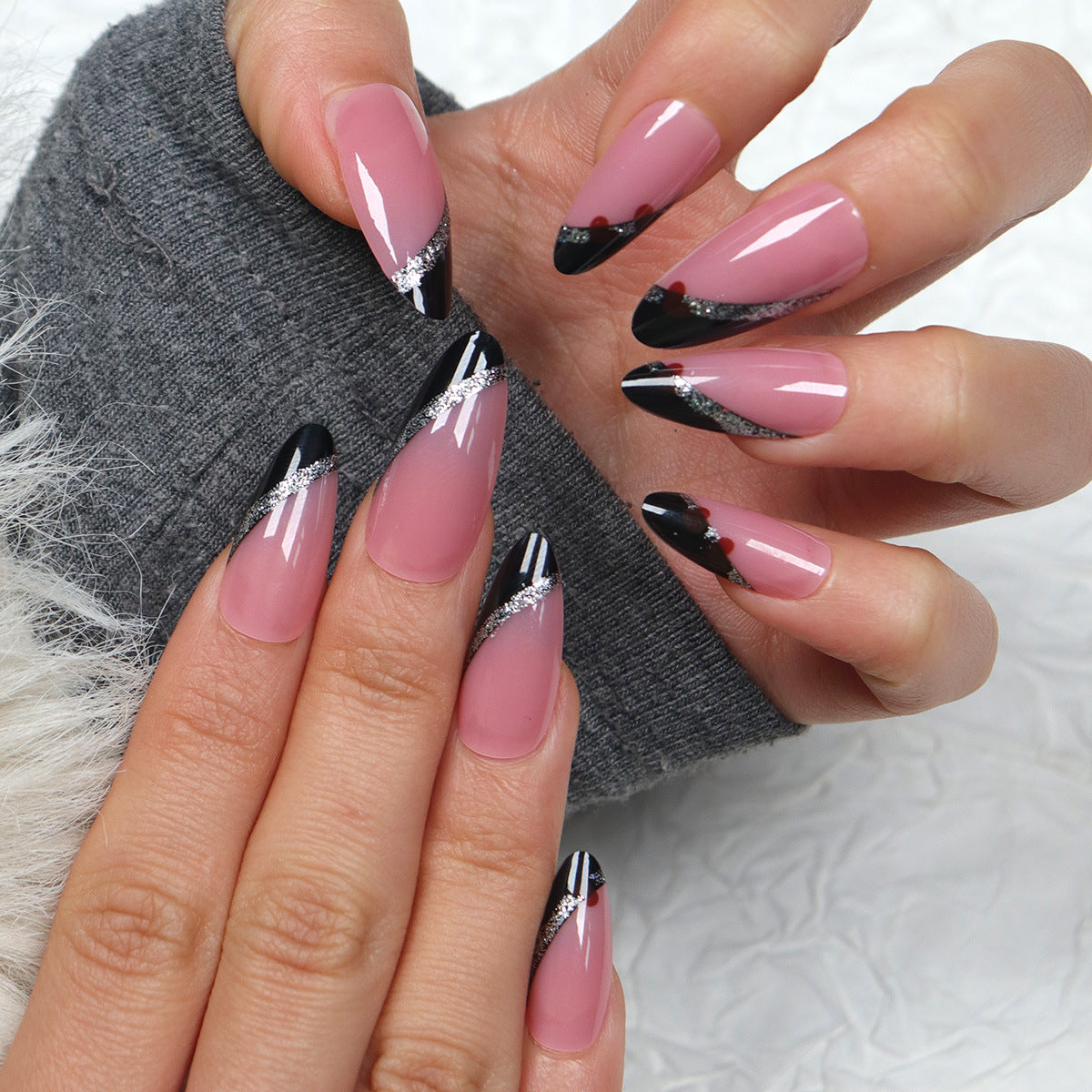 Glamorous Nighttime Elegance Long Almond Shaped Pink and Black Press On Nail Set with Sparkling Glitter Accents